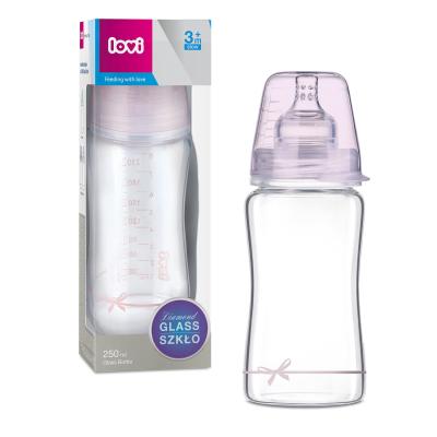 LOVI Baby Shower Glass Bottle Pink 3m+ Butelki dla niemowląt dla dzieci 250 ml