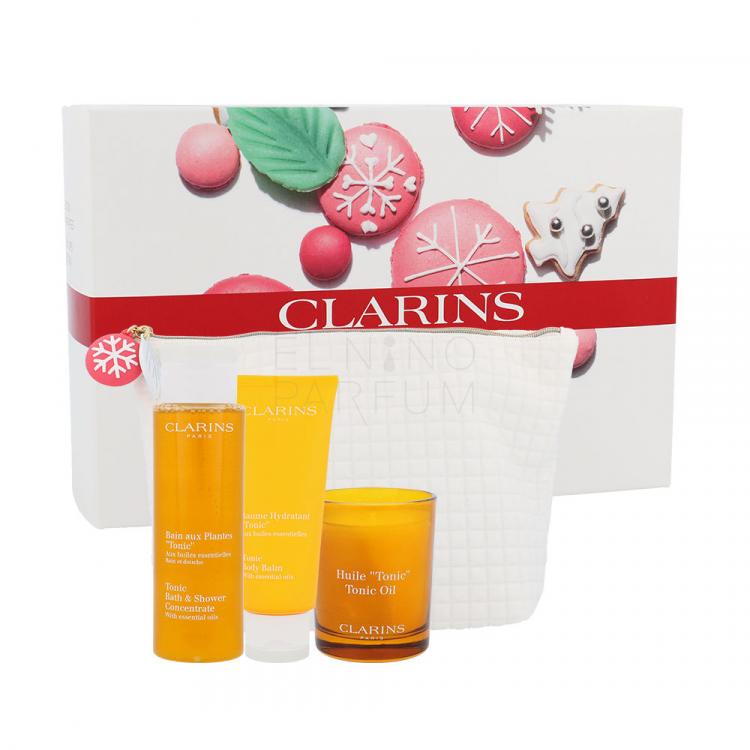 Clarins Tonic Bath &amp; Shower Concentrate Zestaw Shower Gel Tonic Bath Shower Concentrate 200 ml + Body Care Tonic Body Balm 200 ml + Scented Candle Tonic Oil Scented Candle 50 g + Cosmetic Bag
