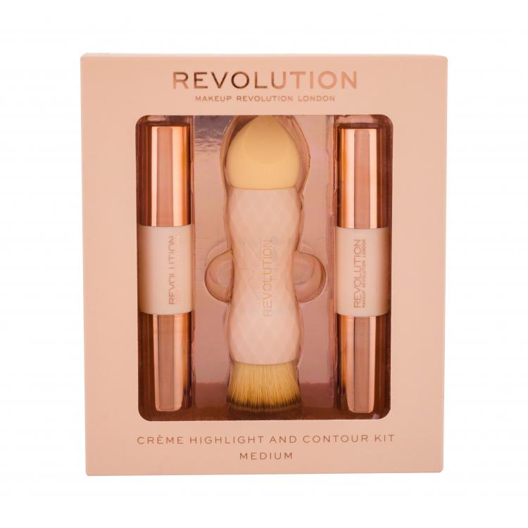 Makeup Revolution London Crème Highlight And Contour Kit Zestaw Sztyft do konturowania 3,5 g  + Rozświetlacz 3,5 g + Gąbka i pędzel 2w1 1 szt