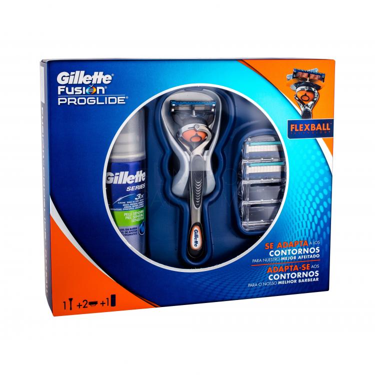 Gillette Fusion Proglide Flexball Zestaw Maszynka do golenia z jednym ostrzem 1 szt  + Zapasowe ostrze 2 szt + Żel do golenia Series Sensitive 75 ml Uszkodzone pudełko