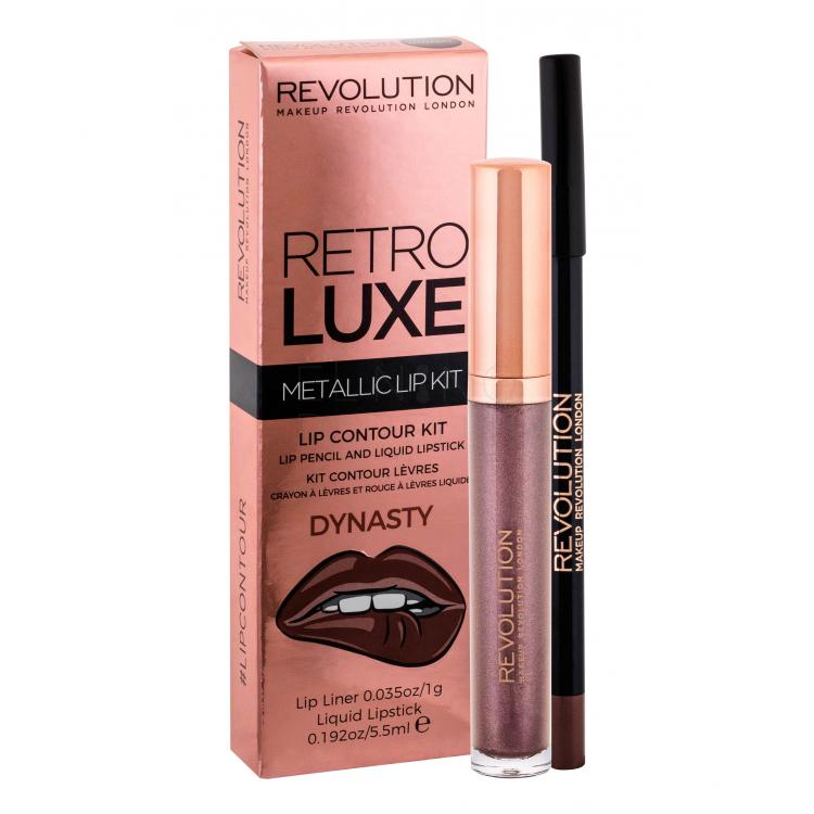 Makeup Revolution London Retro Luxe Metallic Lip Kit Zestaw Płynna pomadka 5,5 ml + Konturówka do ust 1 g
