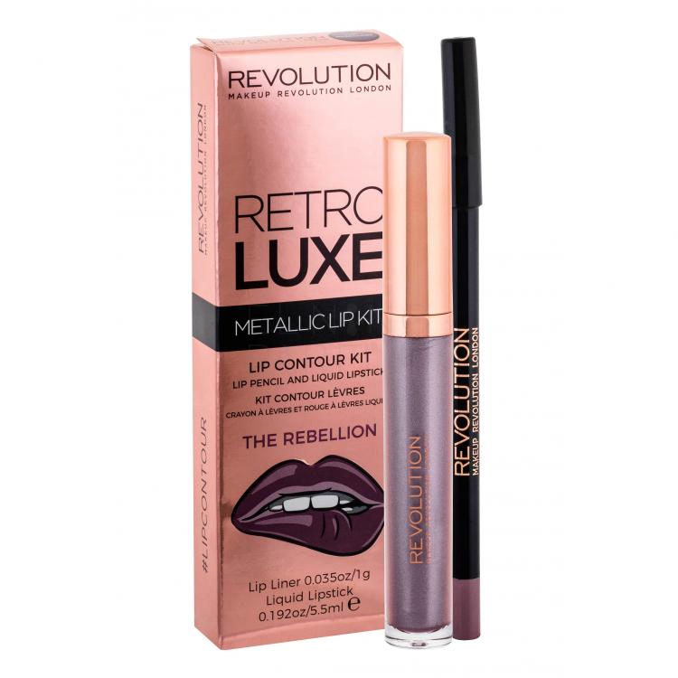 Makeup Revolution London Retro Luxe Metallic Lip Kit Zestaw Pomadka w płynie 5,5 ml + Konturówka do ust 1 g