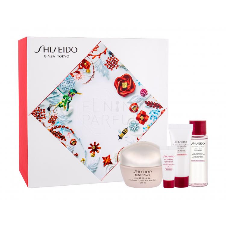 Shiseido Benefiance Wrinkle Resist 24 Day Cream SPF15 Zestaw Krem na dzień 50 ml + Serum do twarzy ULTIMUNE 5 ml + Pianka do mycia twarzy Clarifying Cleansing Foam 15 ml + Tonik  Treatment Softener 30 ml