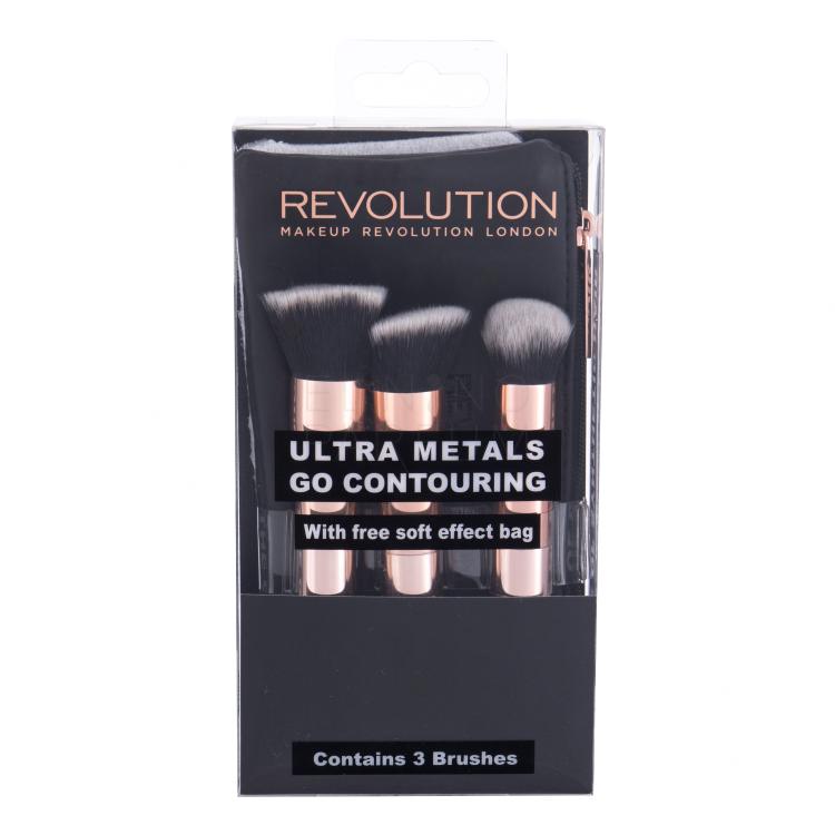 Makeup Revolution London Brushes Ultra Metals Go Contouring Zestaw Pędzel do podkładu 1 szt + Pędzel do blendowania 1 szt + Pędzel do konturowania 1 szt + Kosmetyczka 1 szt