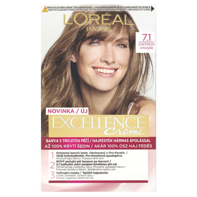 L&#039;Oréal Paris Excellence Creme Triple Protection Farba do włosów dla kobiet 48 ml Odcień 7,1 Natural Ash Blonde
