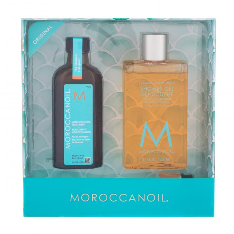 Moroccanoil Treatment Zestaw Olejek do włosów 100 ml + żel pod prysznic 250 ml + opakowanie dozujące
