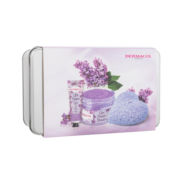 Dermacol Lilac Flower Shower Body Scrub Zestaw Peeling do ciała 200 g + krem do rąk 30 ml + dekoracyjna świeczka zapachowa + metalowe opakowanie