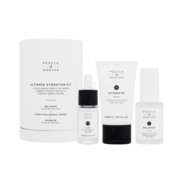 Pestle &amp; Mortar The Ultimate Hydration Kit Zestaw nawilżająca woda do twarzy Balance Fine Misting Facial Spritz 30 ml + hialuronowe serum do twarzy Pure Hyaluronic Serum 15 ml + krem nawilżający Hydrate Lightweight Moisturiser 30 ml