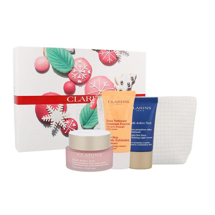 Clarins Multi-Active Zestaw Daily facial care 50ml + Night facial care 15ml + peeling One Step Gentle Exfoliating Cleanser 30ml + Cosmetic bag